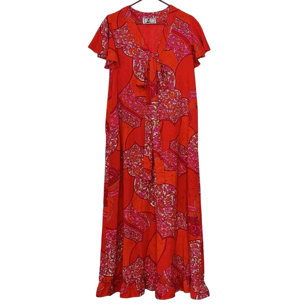RARE Vtg 60s 70s Otaheite Honolulu midi dress Bright Red Ruffles Maxi Pockets